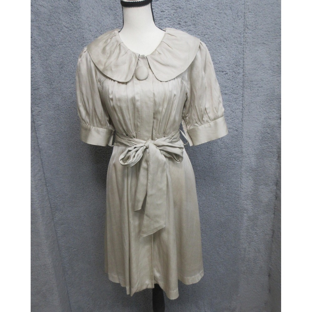 Elevenses Silk Blend Peter Pan Collar Dress Womens 6 Beige Puff Sleeve Coquette
